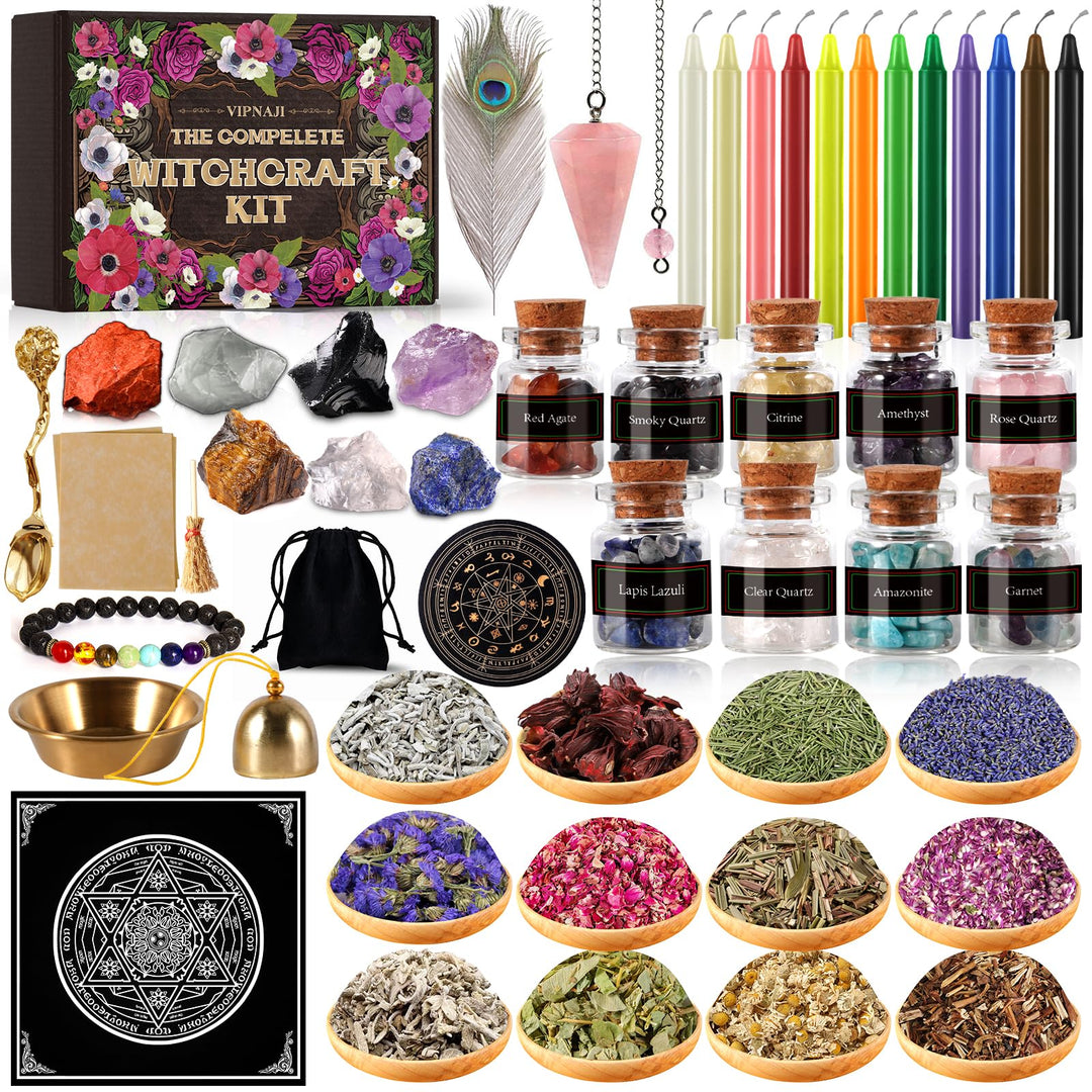 VIPNAJI Starter Witch Kit 64 Stück Witchcraft Kit,Kerzen Kleine,Trockenblumen,Kristallen,Messlöffel,
