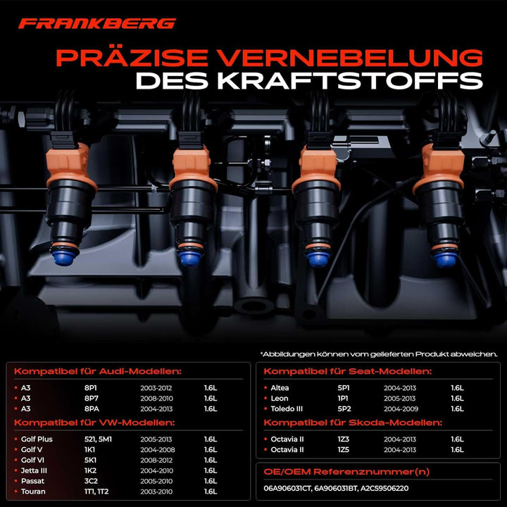 Frankberg 4x Einspritzventil Einspritzdüse Injektor Kompatibel mit A3 8P1 1.6L 2003-2012 Golf V 1K1