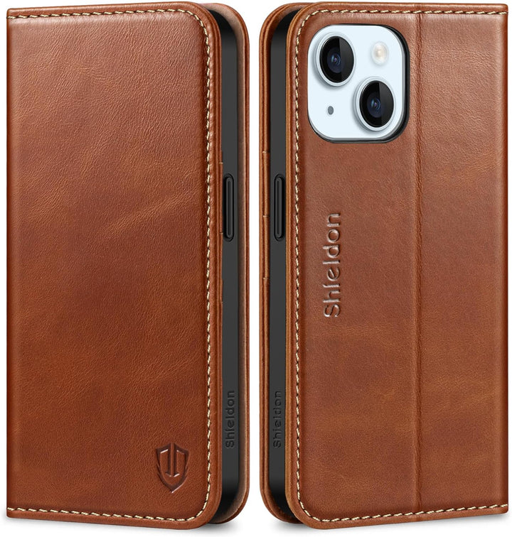 SHIELDON Hülle für iPhone 15, Lederhülle [Echtleder] [RFID Blocker] [Kartenfach] [Magnet] TPU Stossf