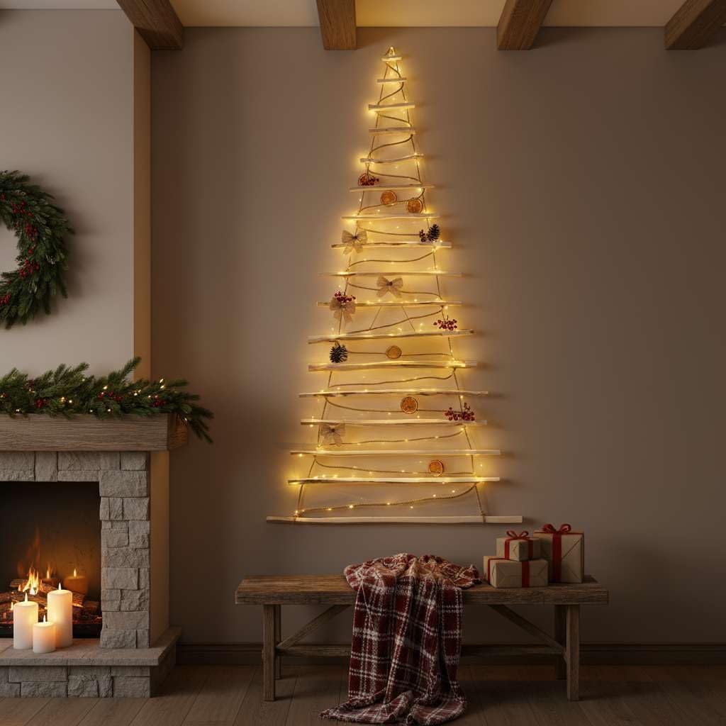 BOGATECO Handgemacht Weihnachtsbaum 205 cm hoch, aus Haselnussholz | Deko Anhänger | mit 10 m LED-Le