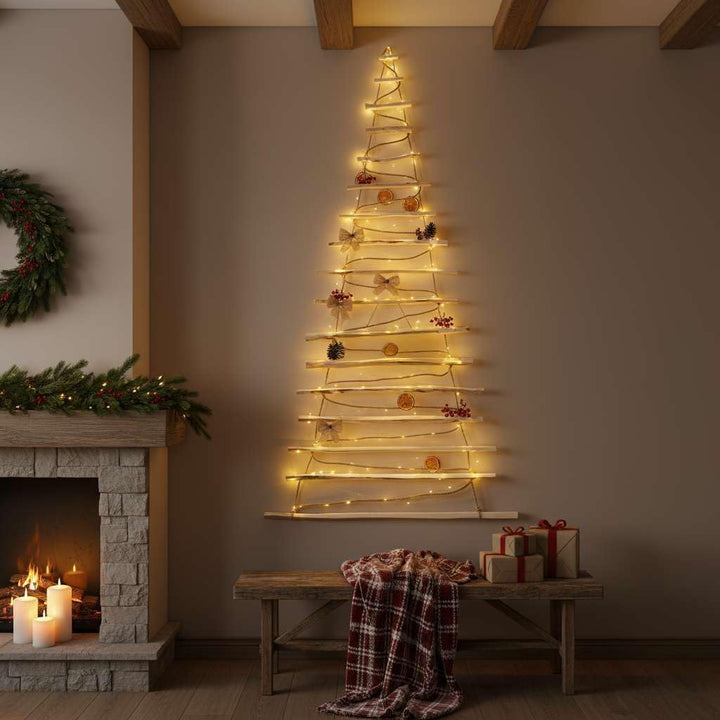 BOGATECO Handgemacht Weihnachtsbaum 205 cm hoch, aus Haselnussholz | Deko Anhänger | mit 10 m LED-Le
