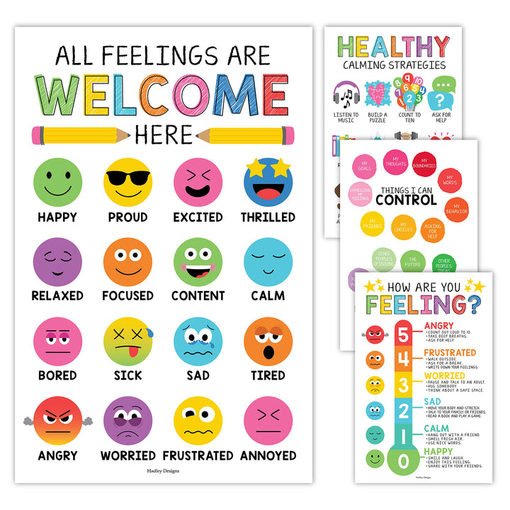 4 bunte Gefühle-Diagramme für Kinder, Lernposter für Wände, Liste der Gefühle, Poster für Kinder, Pe