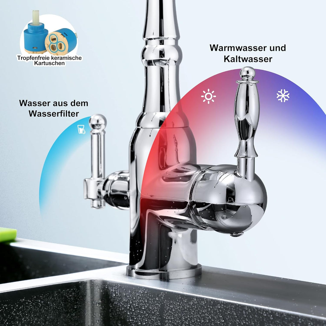 Florenta 3 Wege Wasserhahn Küche, 360° Drehbar Küchenarmatur Messing, 3 in 1 Mischbatterie für Wasse
