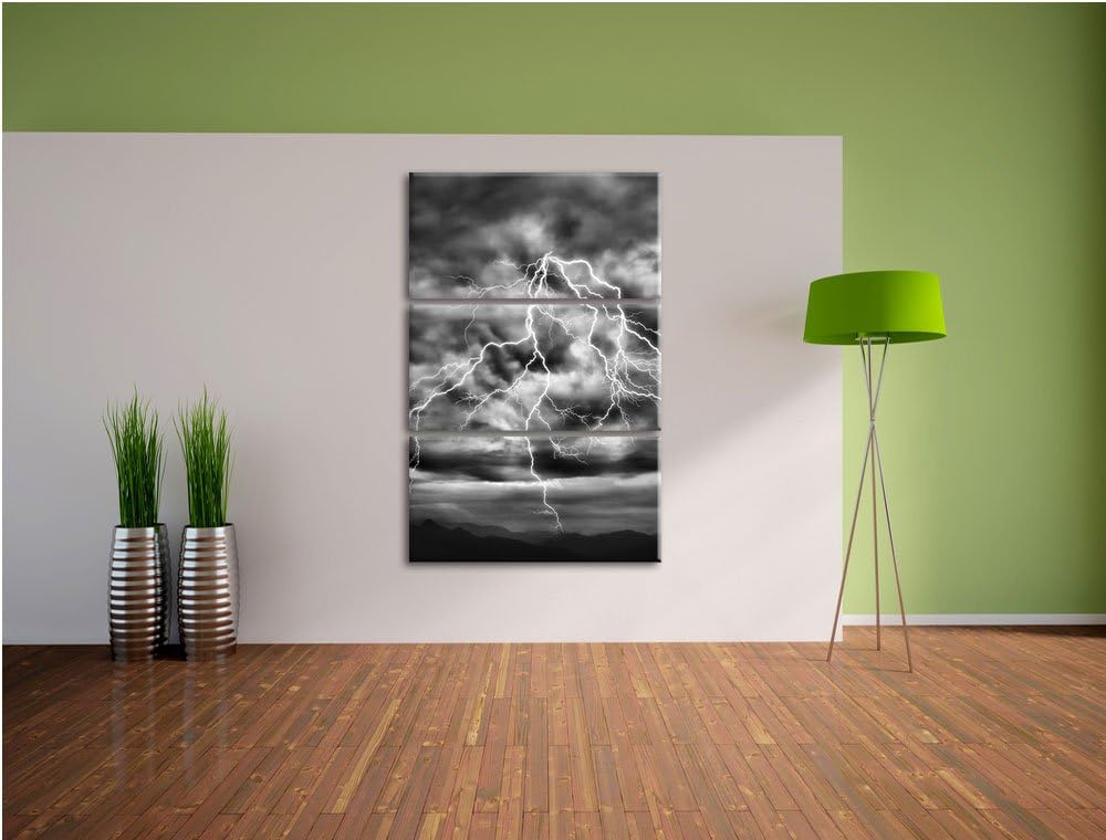 Pixxprint Monocrome, Blitze am stürmischen Himmel 3-Teiler Leinwandbild 120x80 Bild auf Leinwand