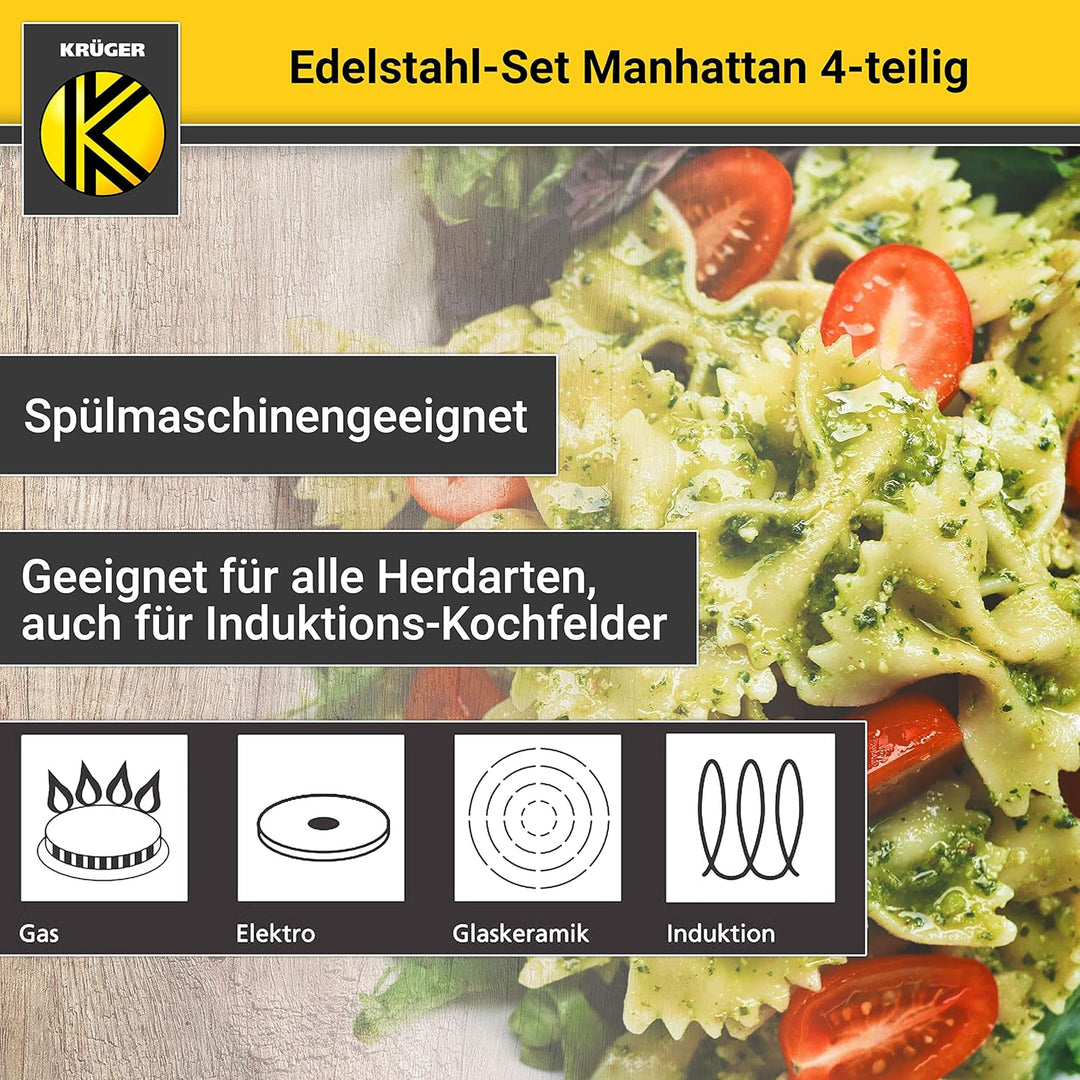 Krüger Edelstahl Kochtopf-Set Manhattan 4-teilig - Topfset aus 3 Kochtöpfen und einer Stielkasseroll