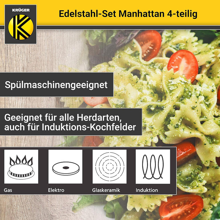 Krüger Edelstahl Kochtopf-Set Manhattan 4-teilig - Topfset aus 3 Kochtöpfen und einer Stielkasseroll