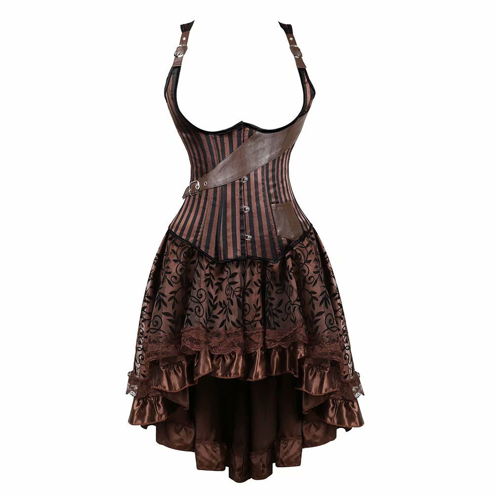 Jutrisujo steampunk unterbrust leder corsage Braun korsett Kleid Corsagenkleid piraten rock burlesqu