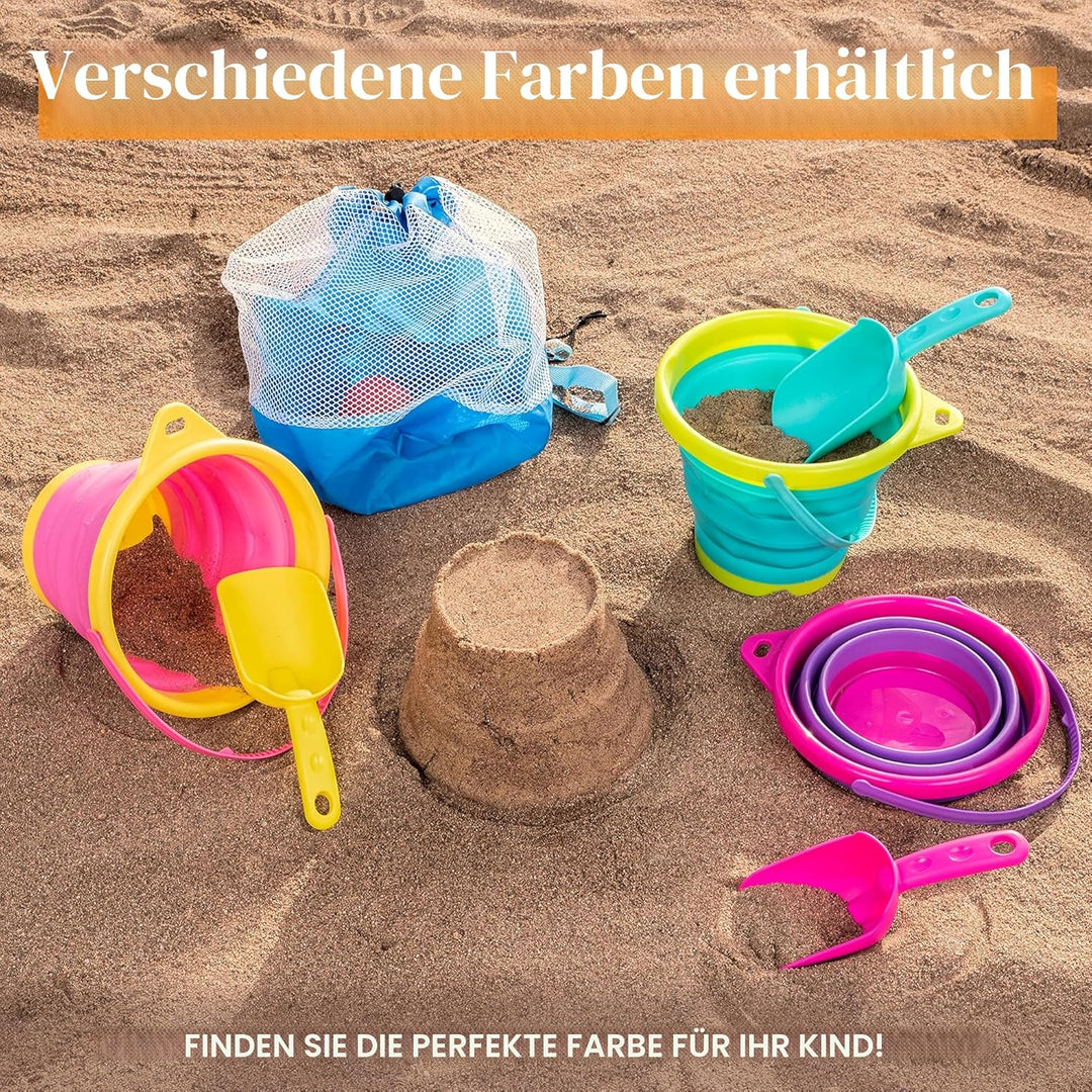 JOYIN 3 Packungen Faltbares Strand Eimer Set，Sandkasten Faltbare Sandspielzeug Eimer mit Netz-Rücksa