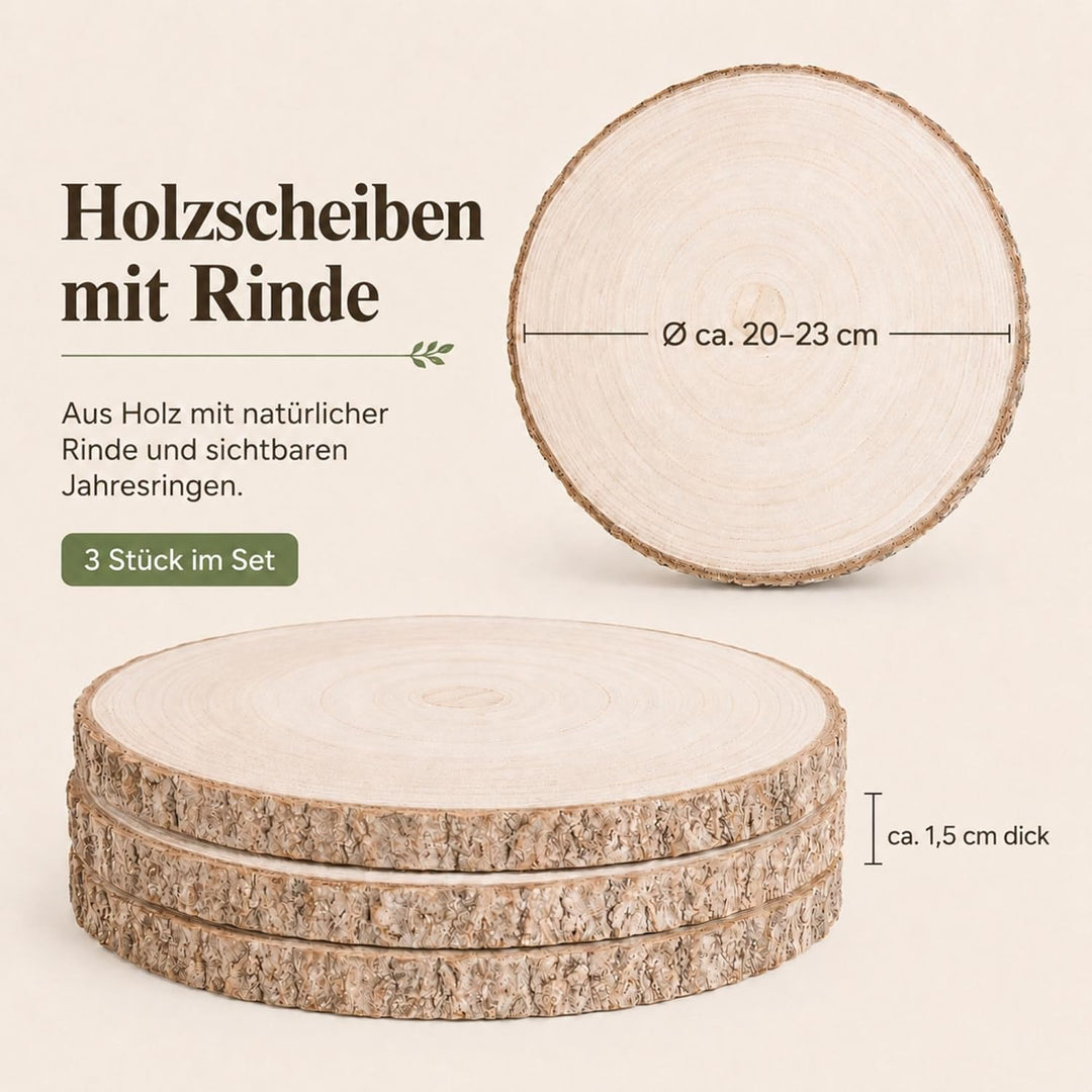 Holzscheiben Rund 20–23 cm 3 Stück Baumscheiben Tischdeko Hochzeit mit Rinde 15 mm Holzplatte Rund f
