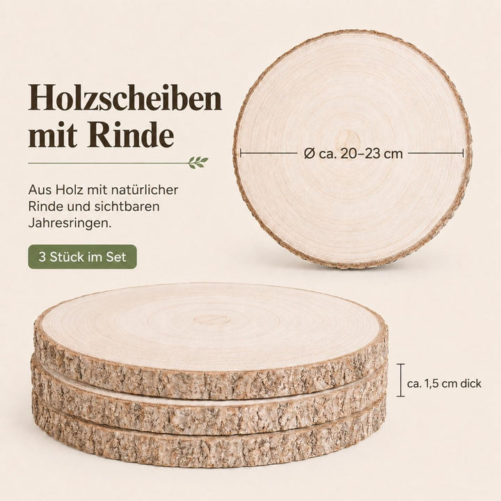 Holzscheiben Rund 20–23 cm 3 Stück Baumscheiben Tischdeko Hochzeit mit Rinde 15 mm Holzplatte Rund f