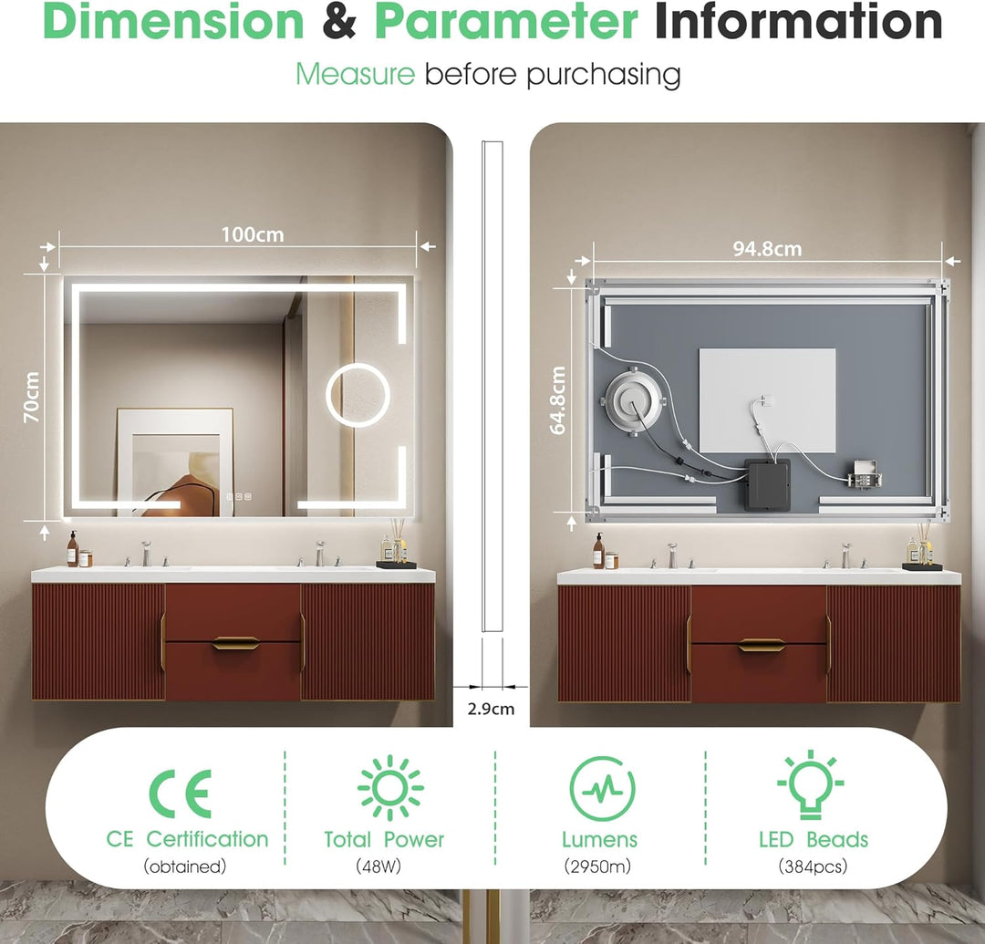 S'bagno Badspiegel-mit-Beleuchtung 100x70cm, Led-Badezimmerspiegel-mit-Licht, 5X Vergrösserungsglas,