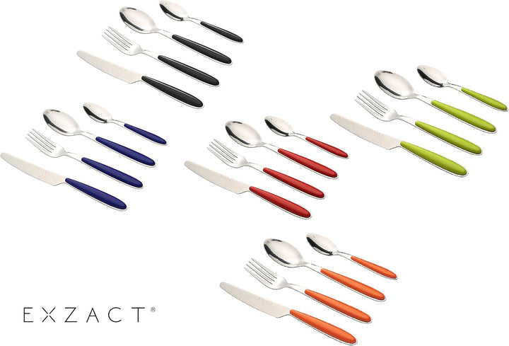 EXZACT Rostfrei Stahl Besteck Set einem Plastikhalter 24 PCS - Farbige Griffe - 6 Gabeln, 6 Messer,