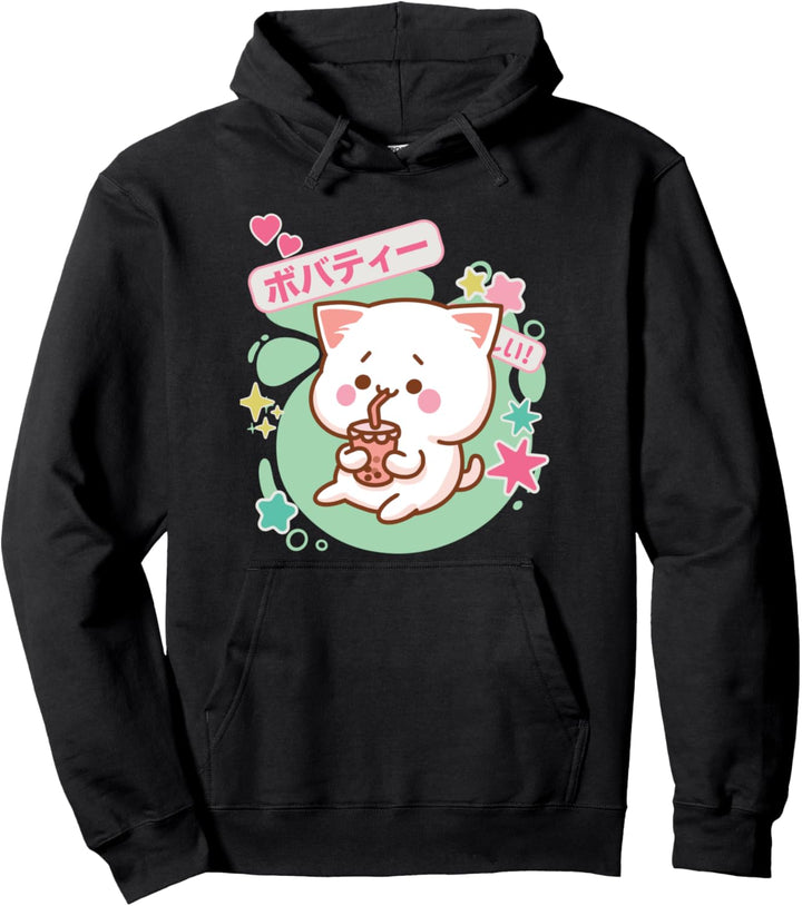 Aesthetic Kawaii Anime Cat Boba Milk Bubble Tea Neko Kitty Pullover Hoodie