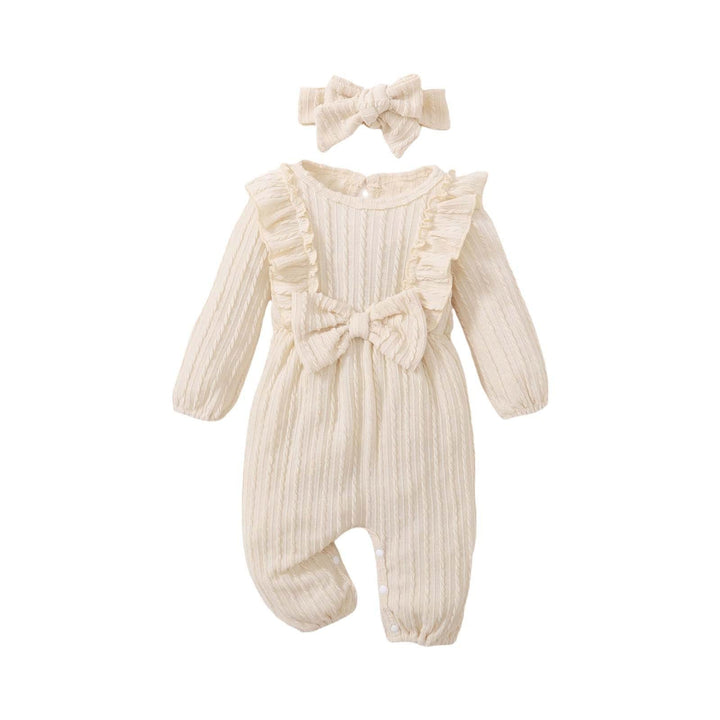 Neugeborene Kleidung für Mädchen Langarm-Overall-Stirnband-Set für Kleinkinder mit Textur und Schlei