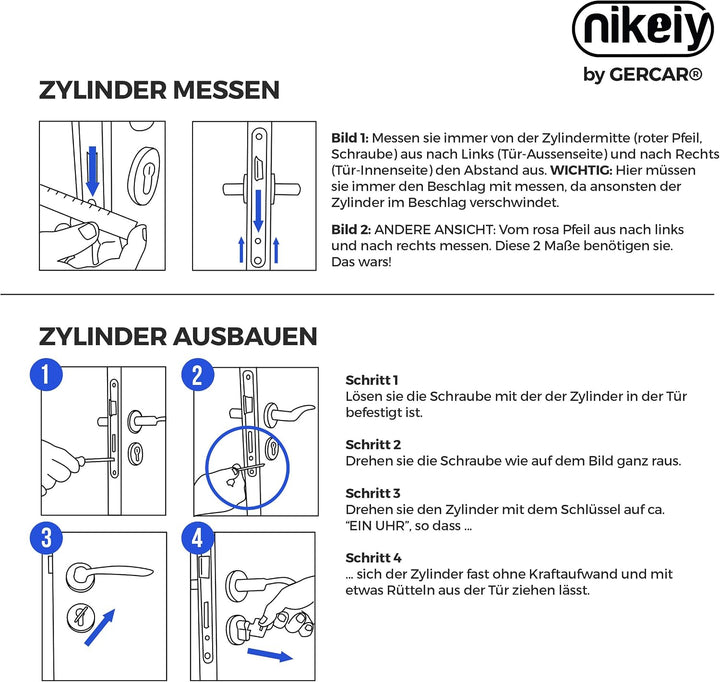 GERCAR Pro Knaufzylinder 45/45 Massiver Schliesszylinder mit Knauf Zylinderschloss Türschloss - aus