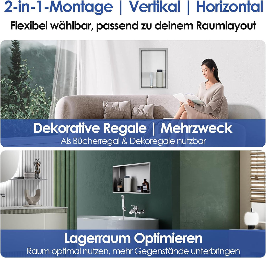 ROVOGO 60 x 30 x 10 cm Wandnische Dusche Edelstahl 304, Eingebettete Duschnische Einzelregal Lagerun