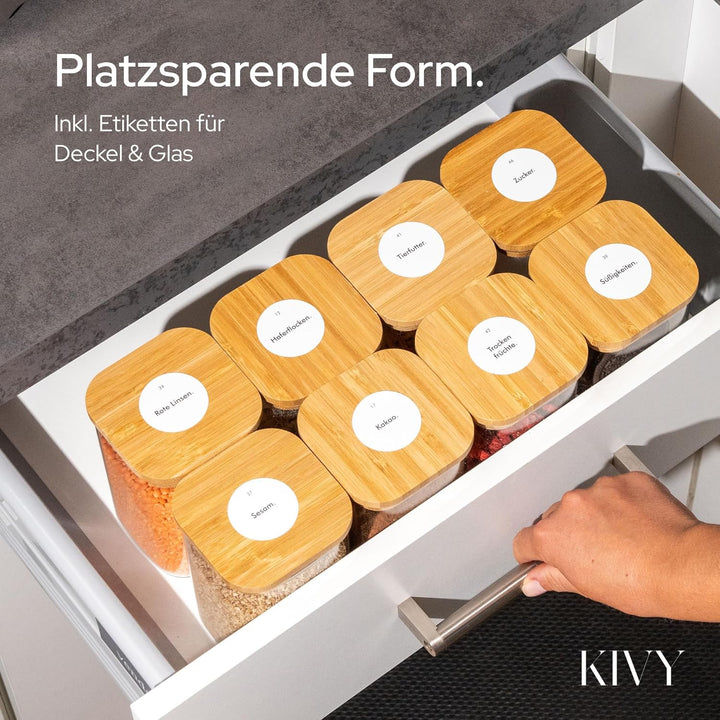 KIVY Vorratsgläser eckig [12er Set] + Etiketten - Stapelbare & Luftdichte Vorratsgläser mit Deckel -
