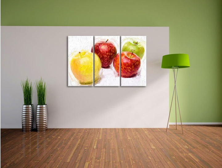Pixxprint Äpfel / 3-Teilig/Gesamtmass 120cm Leinwandbild bespannt auf Holzrahmen/Wandbild Kunstdruck