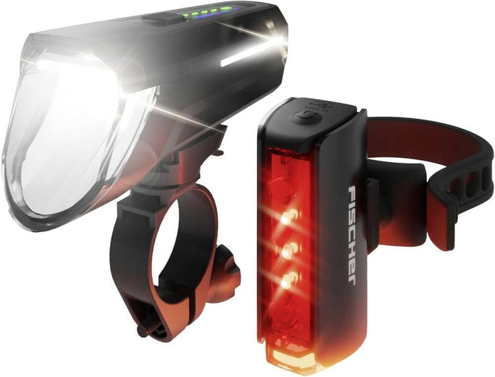 Fischer Fahrrad LED-Akku Beleuchtungs-Set Twin Stop 100 Lux, mit Sensormodus, Lange Leuchtdauer, sta