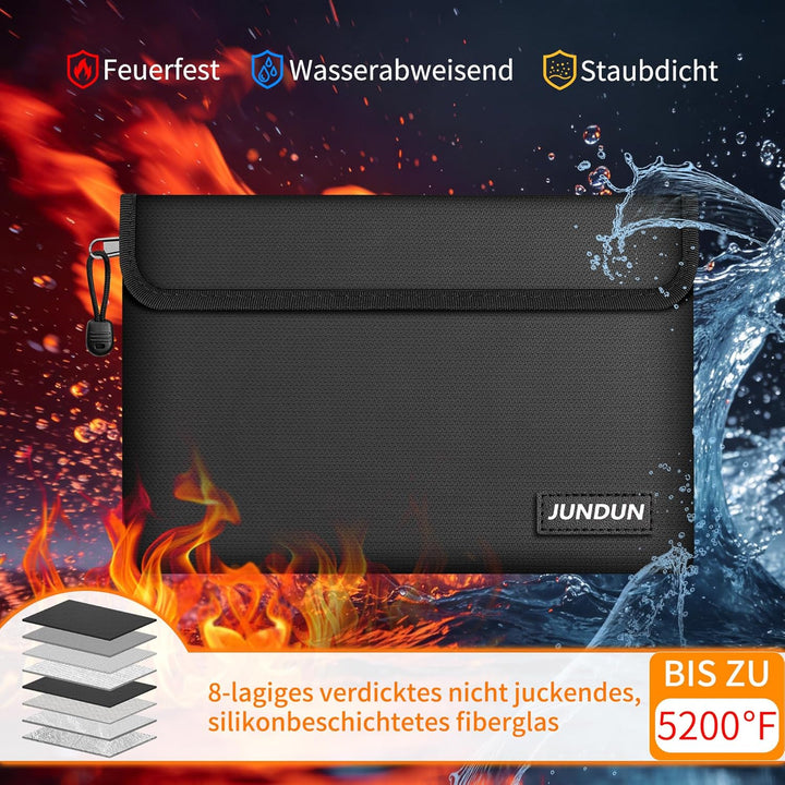 JUNDUN Feuerfeste Dokumententasche (27x17cm, 5200°F), 8-lagig verdickte wasserdichte und feuerfeste