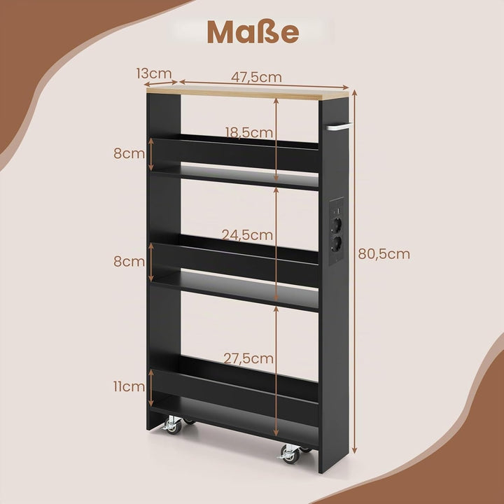 GIANTEX Nischenregal 13cm breit, Nischenschrank Nischenwagen mit Ladestation, Küchenregal auf Rollen
