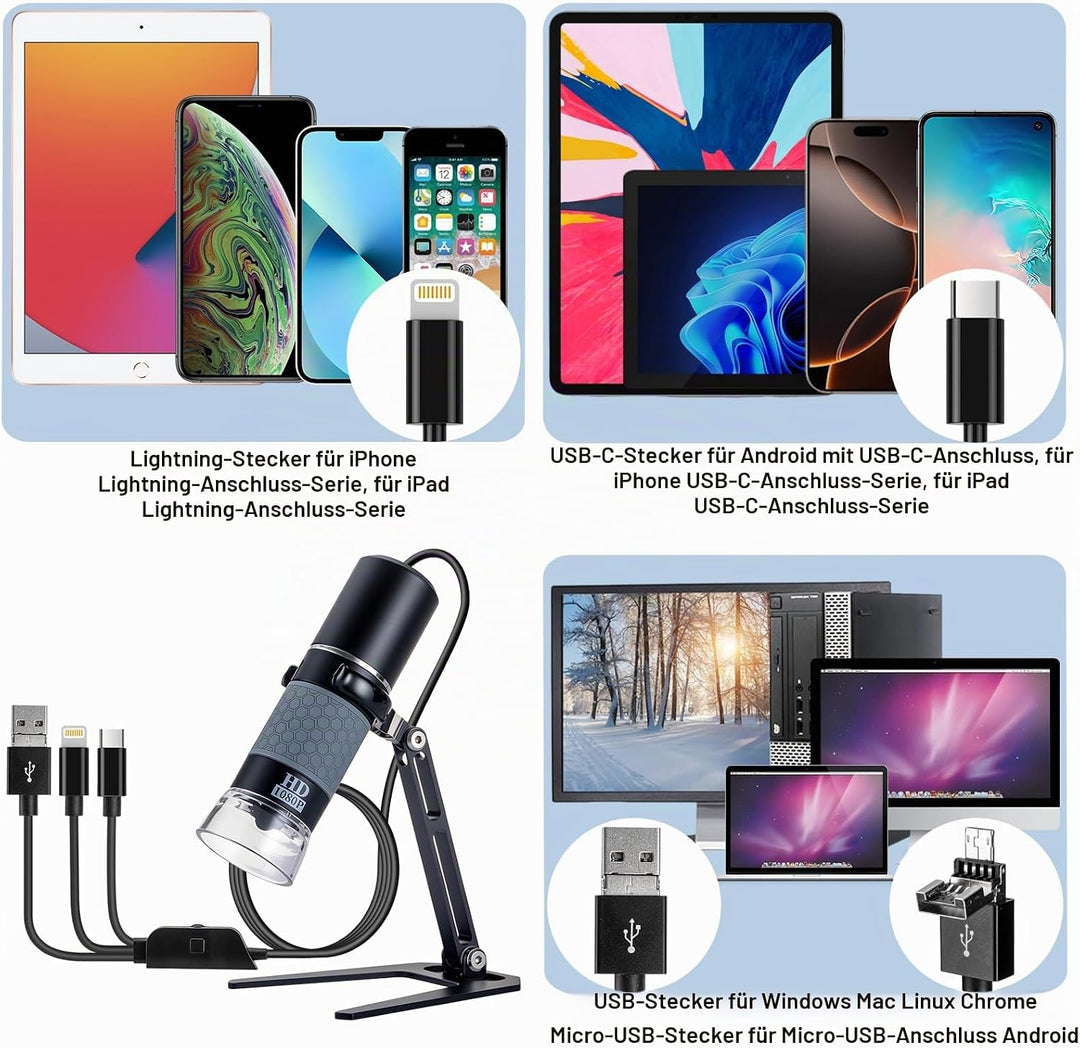 Jiusion 1080P USB Digitales Handheld Mikroskop, 50 bis 1000X Vergrösserung Endoskop Full HD 1920x108