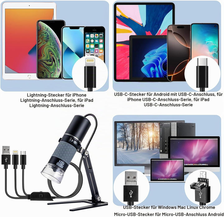 Jiusion 1080P USB Digitales Handheld Mikroskop, 50 bis 1000X Vergrösserung Endoskop Full HD 1920x108