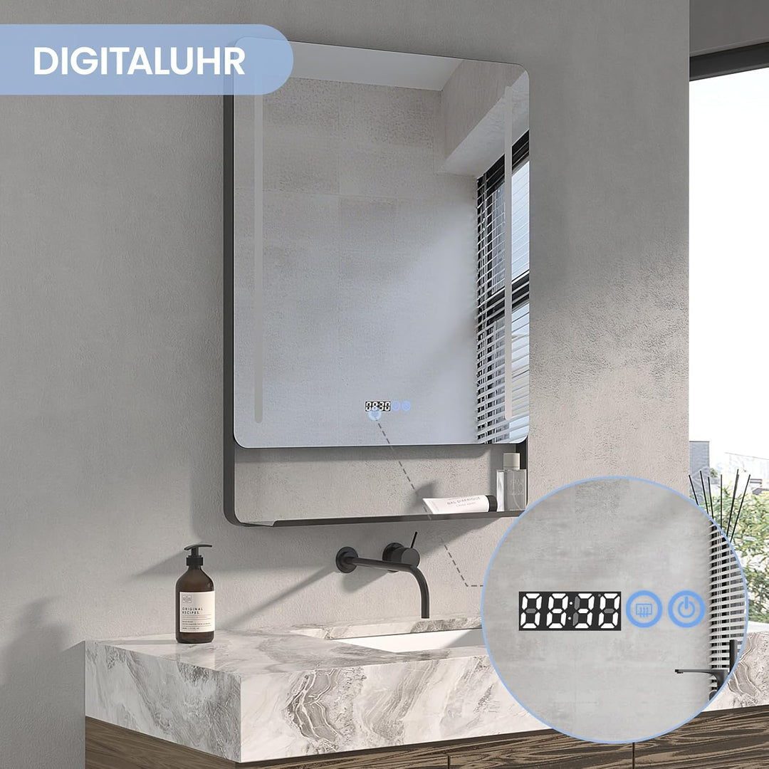AQUABATOS LED Spiegel mit Uhr 60x80 cm Badspiegel mit Beleuchtung und Uhrzeit Aluminiumrahmen Ablage