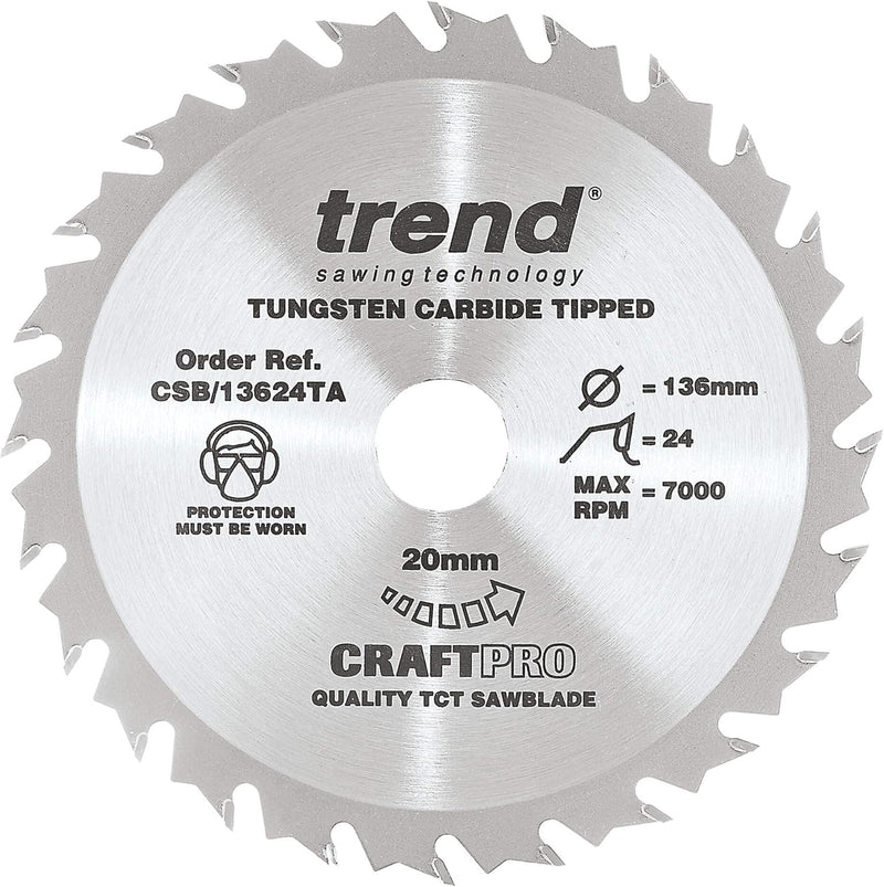 Trend CraftPro Sägeblatt - 136mm Durchmesser x 20mm Bohrung x 24 Zähne TCT für Akku-Sägen, CSB/13624