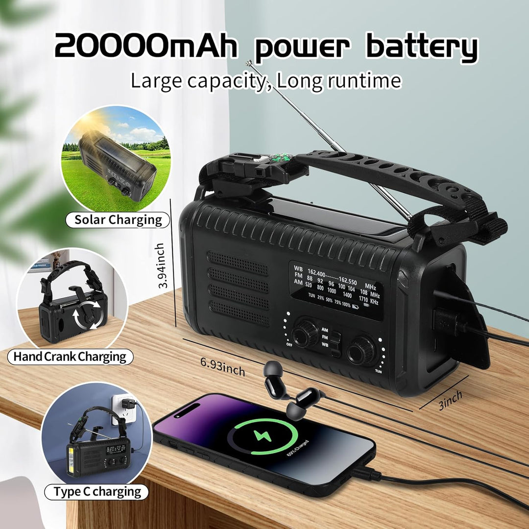 Notfallradio, Crank Wetterradio, 20000mAh Solarradio, Hand Kurbelradio mit AM/FM/NOAA, tragbares Rad