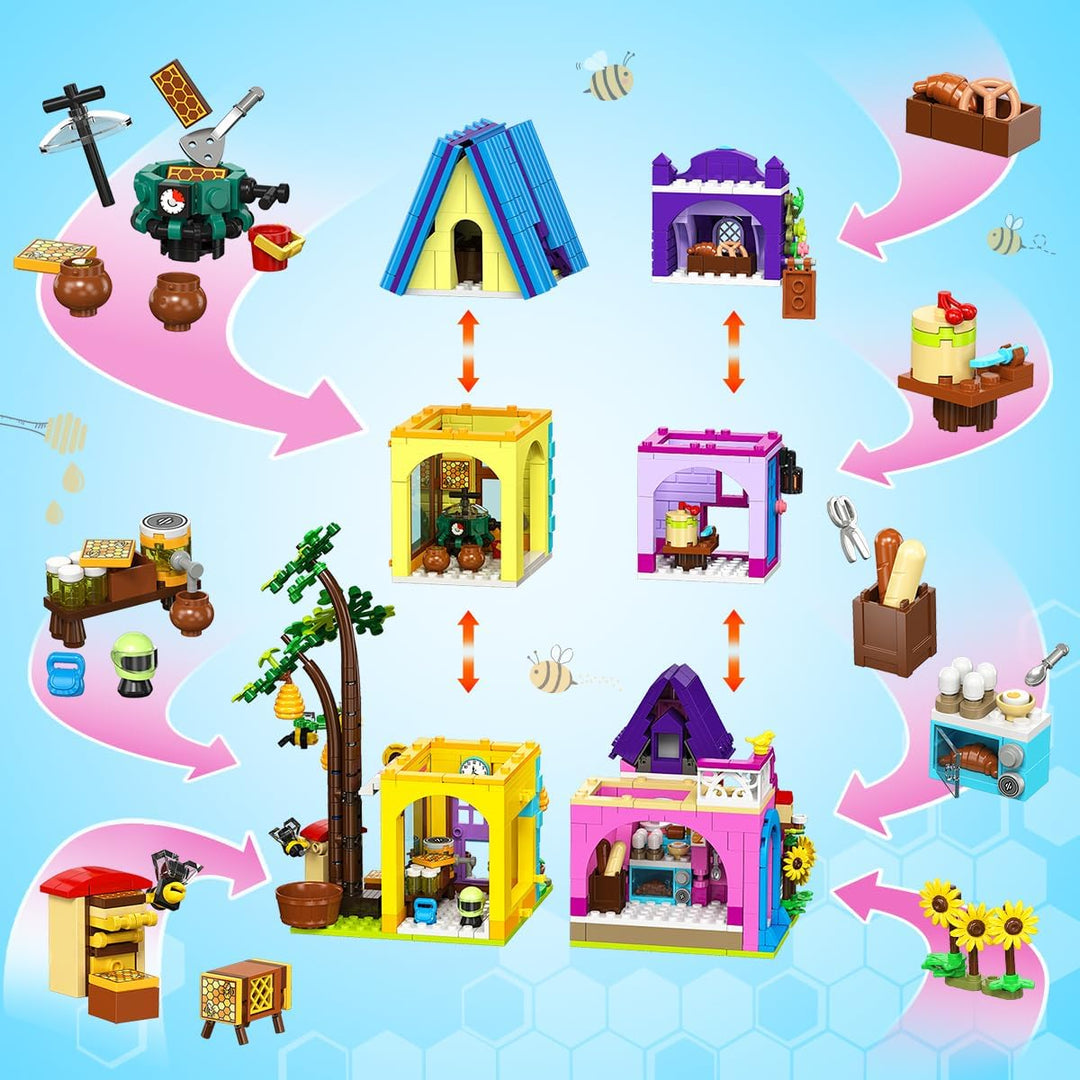 HOGOKIDS Friends Mädchen Backset Bauspielzeug mit LED-Licht - 1084PCS Bienenhaus & Bäckerei Haus, Ro