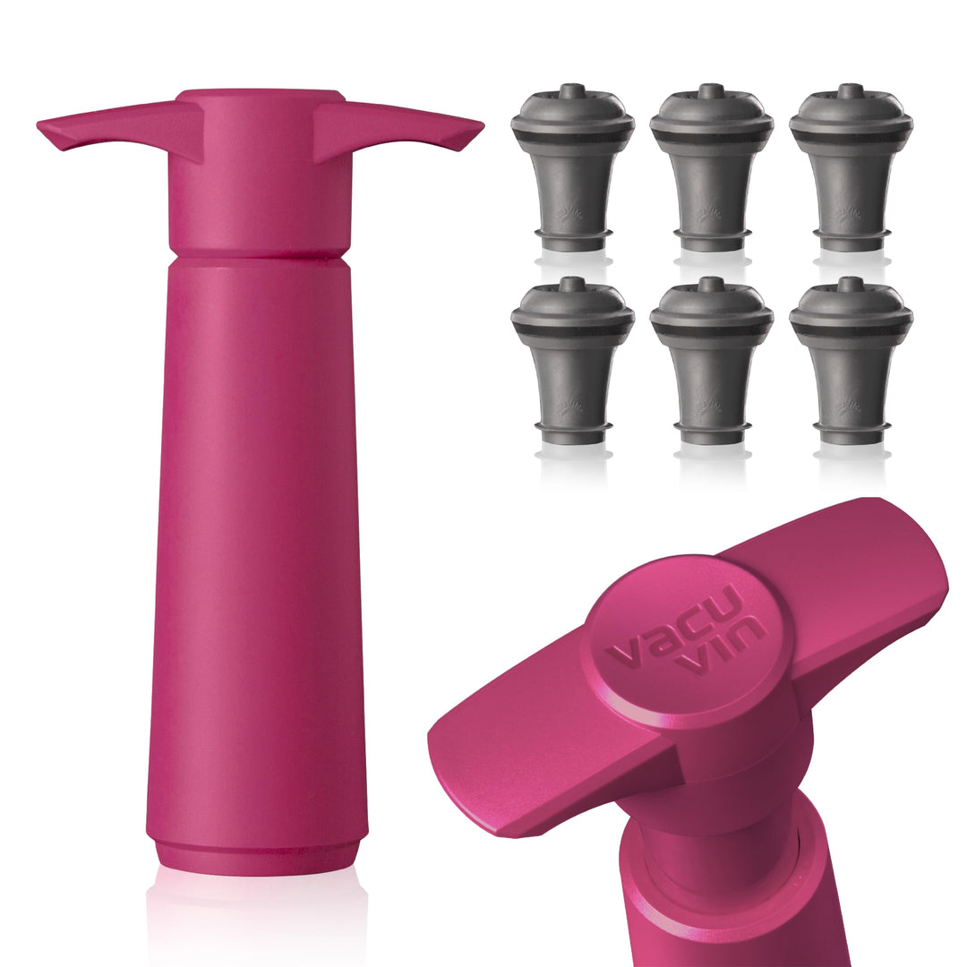Vacu Vin Schwarze Pumpe mit Weinflaschenverschluss, hält Wein bis zu 10 Tage frisch, Rosa mit 6 Stop