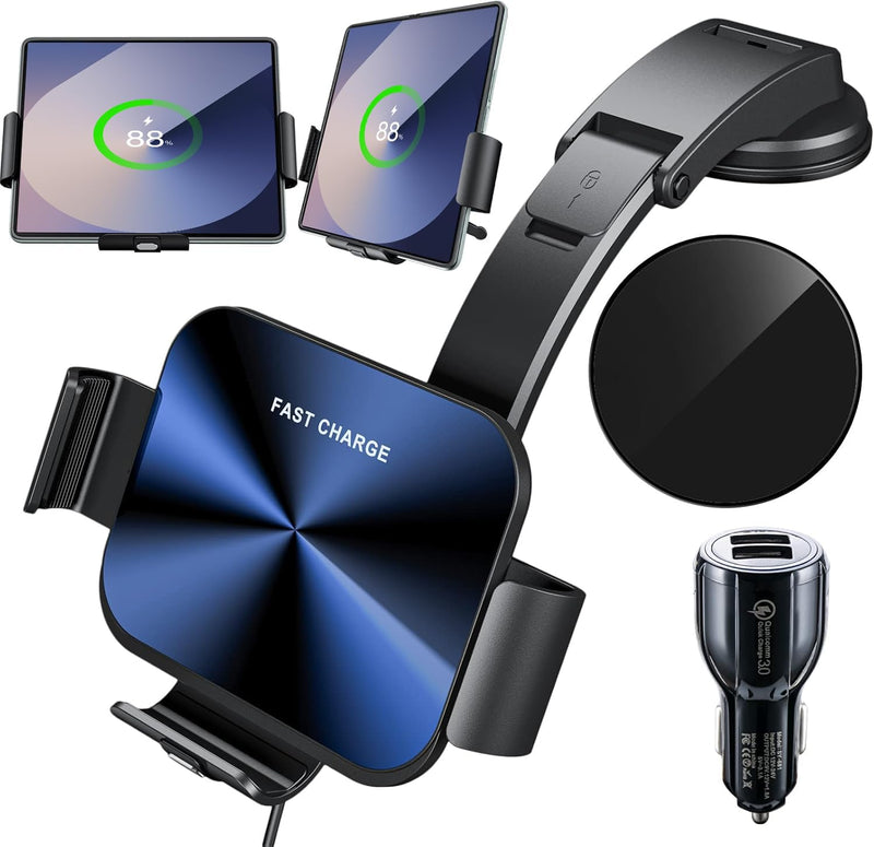 Qoosea Kabelloser Kfz-Ladegerät Halter, Doppelspule 15W Smart Qi Wireless Charger Starke Saugleistun