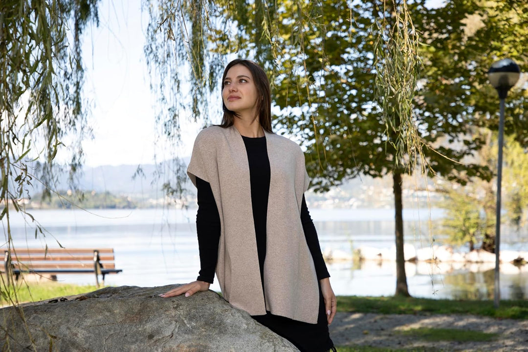 Mantel aus Kaschmir-Mischgewebe für Damen, hergestellt in Italien, Merinowolle Kaschmir, Schwarz, Be