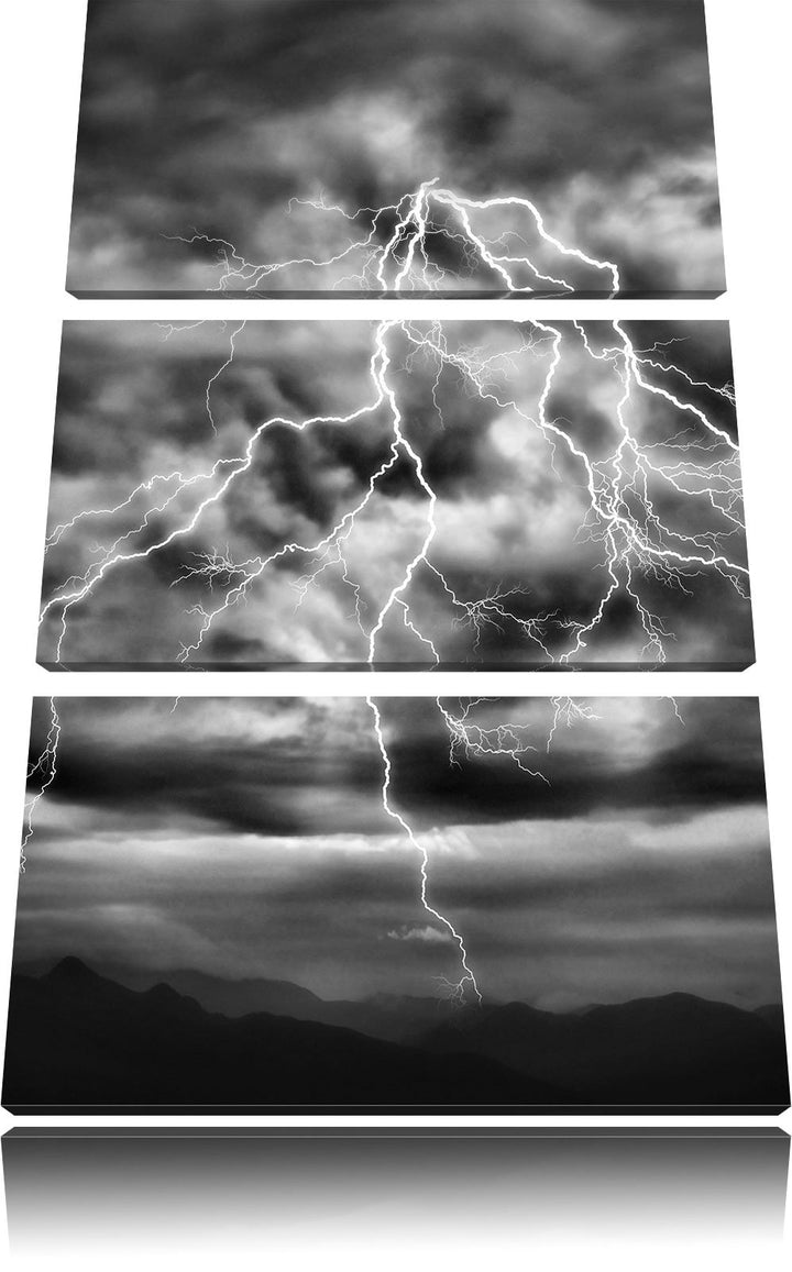Pixxprint Monocrome, Blitze am stürmischen Himmel 3-Teiler Leinwandbild 120x80 Bild auf Leinwand
