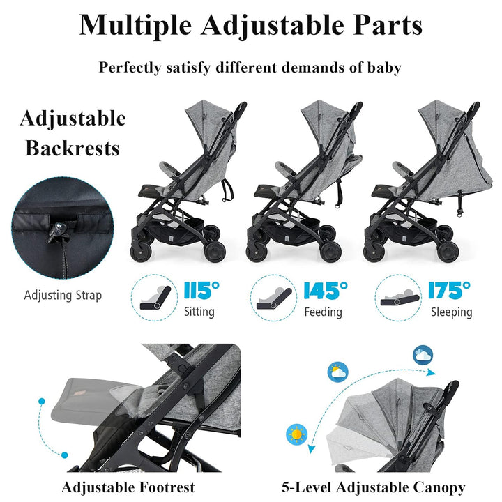 LIFEZEAL Zusammenklappbarer Kinderwagen, Kinderbuggy mit verstellbarer Rückenlehne, Buggy mit Schlaf