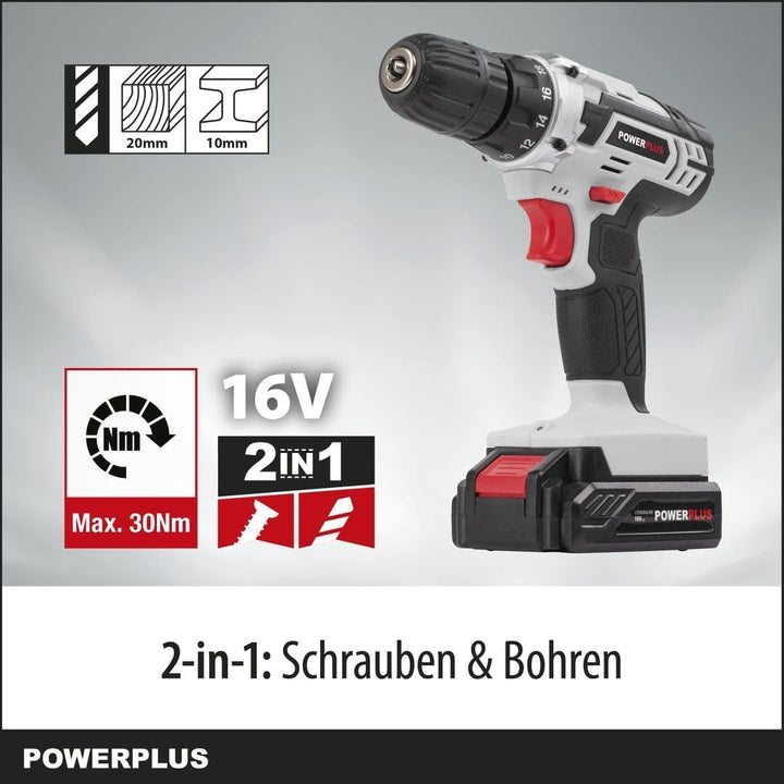 Powerplus Akkuschrauber & Akkubohrer POWC1061 - Akku Schraubendreher 16V, Inkl. 1 x 1,3Ah Akku und L