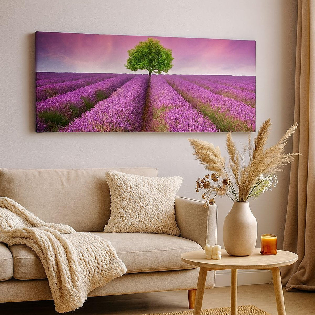 Wandbilder Dekoration Wohnzimmer Wiese lavenda Sommer Landschaft Panorama Bilder auf Leinwand 120x50
