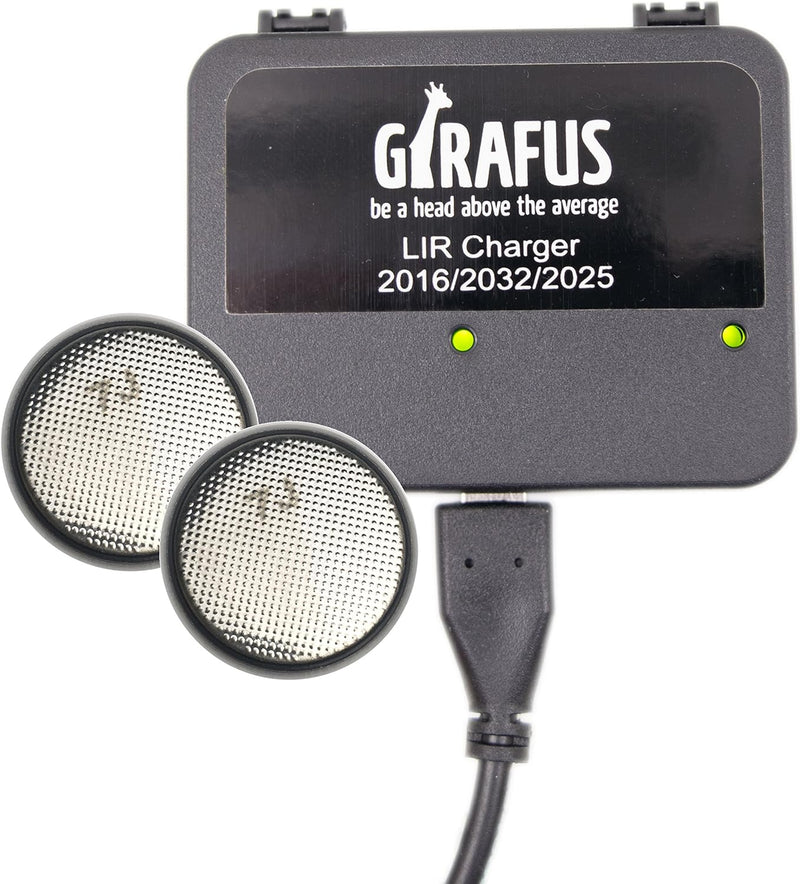 Girafus Knopfzellen Ladegerät für LIR-2032/2016 2025 Akkus USB Batterieladegerät inklusive 2X LiR203