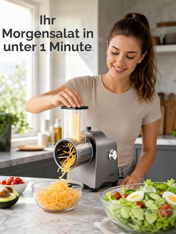 FOHERE Gemüseschneider Elektrisch Verbesserte, 6-in-1 | Gemüsehobel Elektrisch Reibe für Blockkäse,