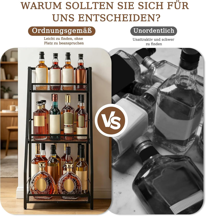 3-Tier Abgestufte Liquor Cabinet Mini Bar, Freistehendes Weinregal mit Geländer, Metall-Holz Flasche