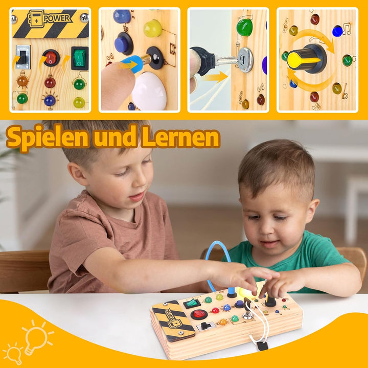 Konijiwa Montessori Busy Board 1 Jahr alt Kinder Activity Board Holzspielzeug mit 8 LED-Lichtschalte
