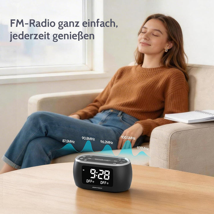 BUFFBEE Nachttisch-Wecker-Radio mit 7-Farben, Dual-Alarm, Snooze, Dimmer, USB-Ladegerät, Nap Timer,