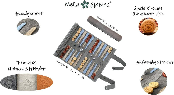 MELIA Outlet Leder Backgammon Set zum Rollen – Reise Backgammon aus Echtleder mit Holz-Spielsteinen