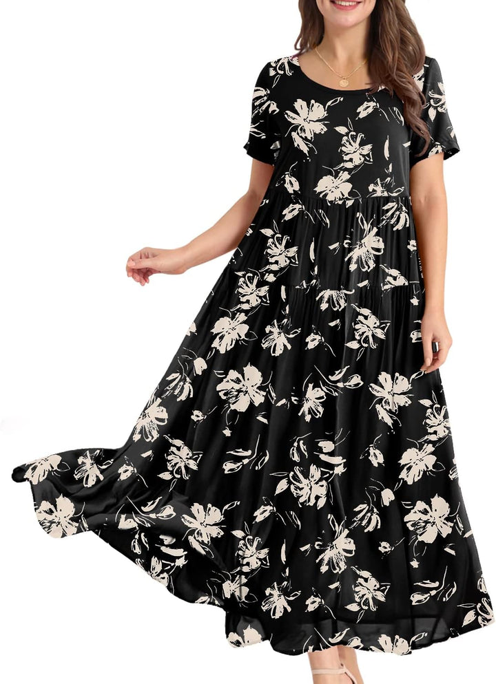 YESNO Damen Kleider Freizeit Lose Sommerkleid Lang Boho Maxikleid für Rundhals Strandkleid Blumenkle