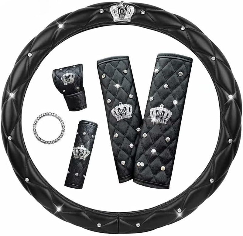 coofig Lenkradbezug Glitzer Universal Lenkradhülle Leder mit 2 Stück Gurtpolster,Schaltknauf-Schutz,