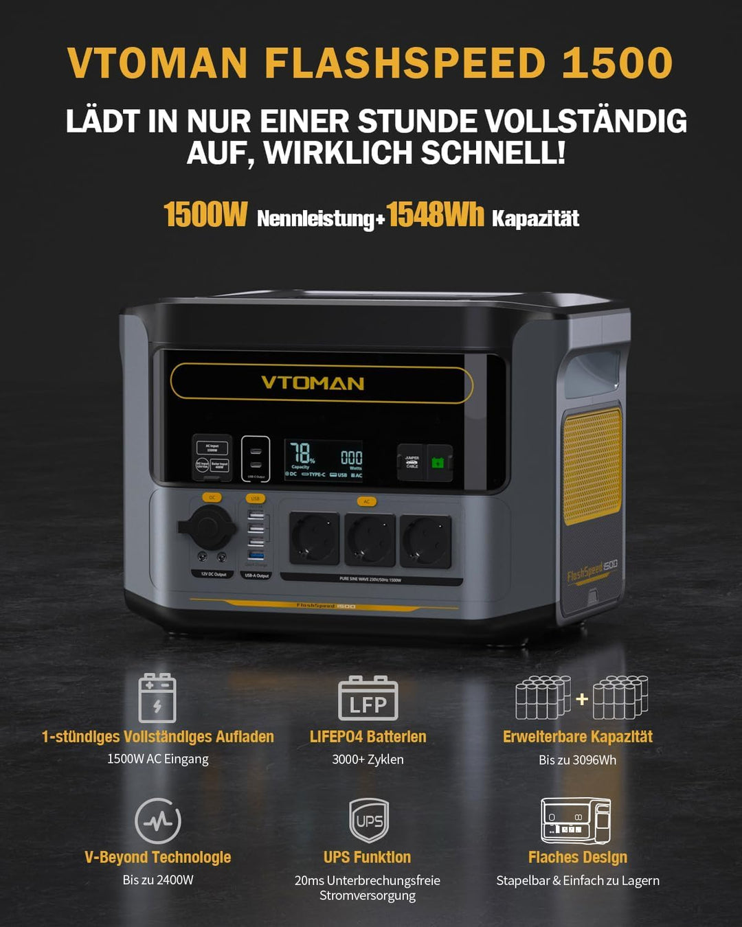 VTOMAN FlashSpeed 1500 Tragbare Powerstation 1548Wh - LiFePO4 Batterie Betriebener Solar Generator m