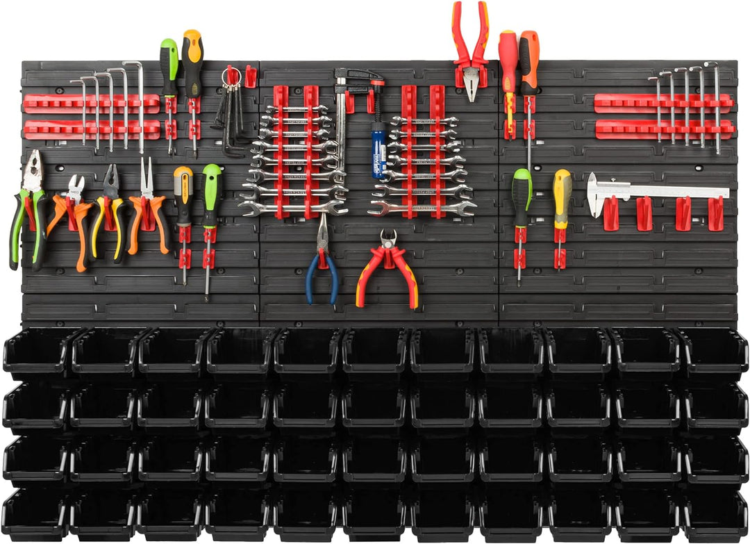 Lagersystem Werkstattregal | 117 x 78 cm | 44 stck. Box | Wandregal mit Werkzeughalterungen und Stap