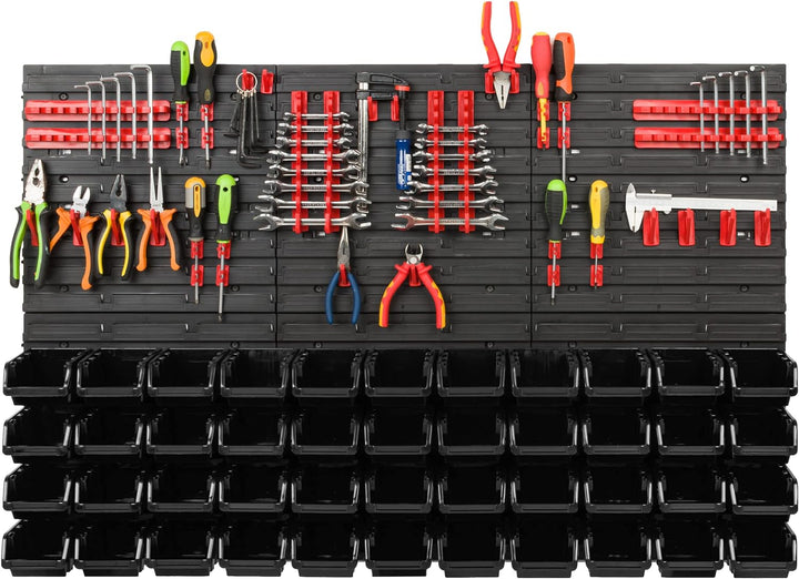 Lagersystem Werkstattregal | 117 x 78 cm | 44 stck. Box | Wandregal mit Werkzeughalterungen und Stap