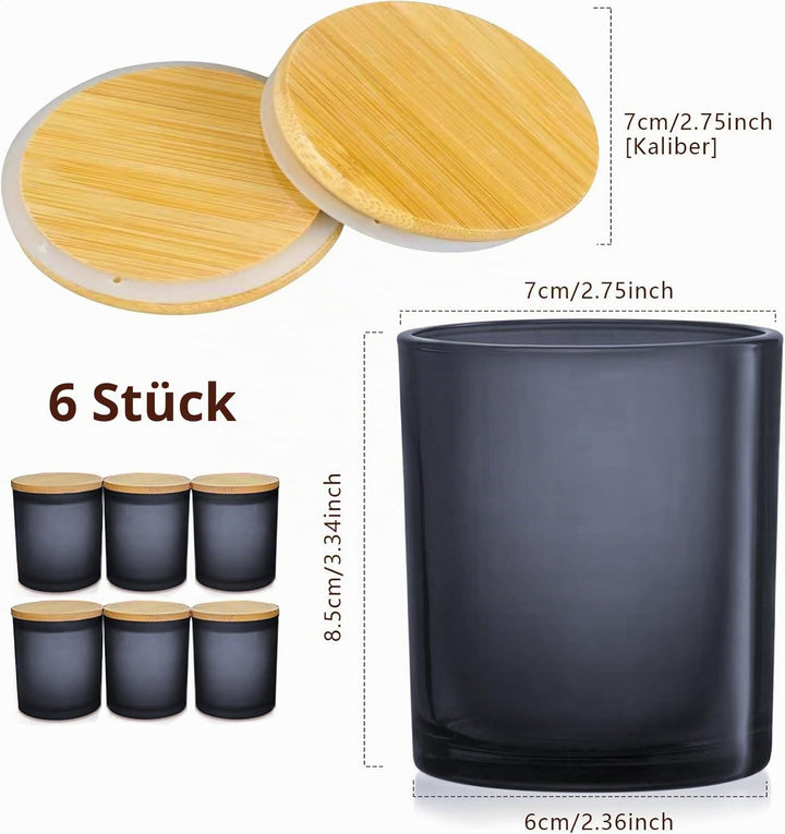 6er-Pack Kerzengläser mit Bambusdeckel (200ml) - 3mm Dickwandiges &amp; Hitzebeständiges Glas - Elegante